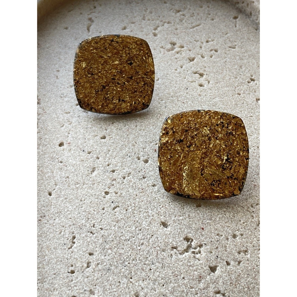 Vintage 80's Style Stud Earrings Black Resin Square Faux Gold Confetti Couture